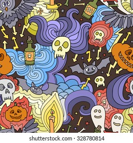 Happy Halloween seamless pattern with pumpkins, ghosts, spiders. Vector crazy background for Halloween