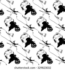 Happy Halloween! Seamless pattern with pumpkins, witch, ghost. Black and white seamless pattern for Halloween. Seamless pattern with Halloween icons on isolated background