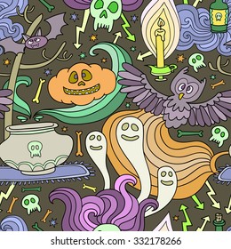Happy Halloween seamless pattern with pumpkins, ghosts, spiders. Vector crazy background for Halloween