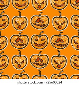 Happy Halloween. Seamless pattern with pumpkins smiling, frightening, surprised. Vector illustration.