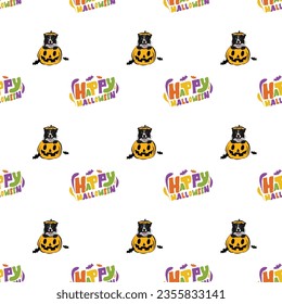 Happy Halloween seamless pattern. Halloween repeat pattern with Happy Halloween text and Border collie dog peeking out from the pumpkin, with paws. Colorful Calligraphy, Hand Drawn Cartoon Halloween.