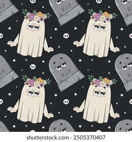 Happy Halloween seamless pattern in retro groovy style. Background with cute cartoon gravestone and ghost characters.