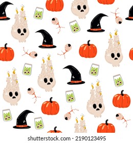 Happy halloween seamless pattern with scary pumpkins, hat, candle, scull and eye. Design, vector illustration