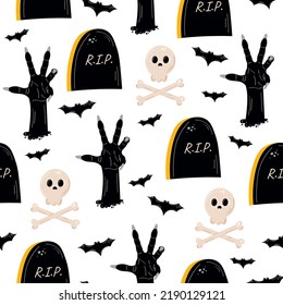Happy halloween seamless pattern with scary black arm, bat, bones, skull. Design, vector illustration