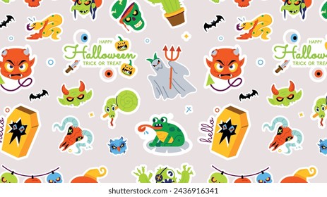 Happy halloween seamless pattern with scary characters, creepy pumpkins, and october celebration items