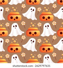Happy Halloween seamless pattern. Scary pumpkin with potion, ghost and lollipop. Holiday vector illustration
