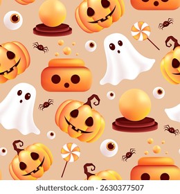 Happy Halloween seamless pattern. Scary pumpkin, ghost, potion, eye, spiders. Holiday vector illustration