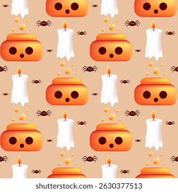 Happy Halloween seamless pattern. Scary pumpkin with potion, candles and spiders. Holiday vector illustration