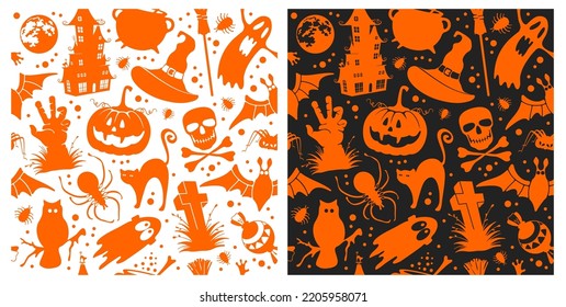 Happy Halloween seamless pattern set. Holiday wallpaper with halloween theme objects, pumpkin, ghost, bat, witch cauldron and other. Isolated on white and violet background. Vector illustration