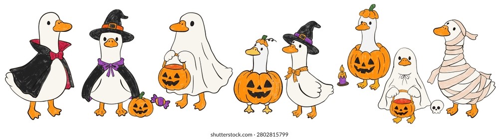 Happy Halloween Seamless Pattern set Vector cute illustration in hand drawn style.Seamless Halloween Pattern with Cute Silly Goose Ghost Pumpkin  Spooky Costume.