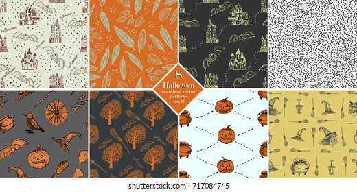 Happy Halloween seamless pattern set. Halloween vector backgrounds. Hand drawn illustrations.