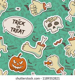 Happy Halloween seamless pattern with skull zombie arms leg evil pumpkin caterpillar bone candy vector illustration