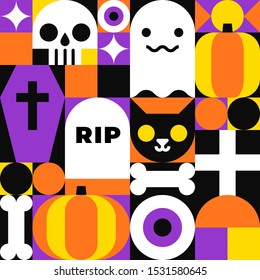 Happy Halloween seamless pattern. Skull, ghost, black cat, bones, pumpkin, stars and other spooky elements in geometric style. Good for cards, party invitations, banners and posters. Vector background