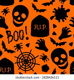 Happy Halloween Seamless pattern. Skull, Spiders, Sweets and Scary Boo. Vector celebration design surface texture. Cartoon black illustration isolated on orange background.