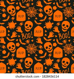 Happy Halloween Seamless pattern. Skull, Spiders, Sweets, zombie hands and Scary Boo. Vector holiday design surface texture. Cartoon orange illustration isolated on black background.