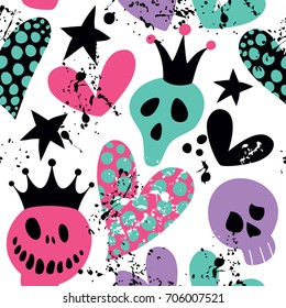 Happy Halloween. Seamless pattern with skulls, hearts and blots.
