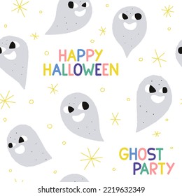 Happy Halloween. Seamless pattern with spooky ghosts. Ghost party. Autumn seasonal design. Scary art for night party. Vector illustration with mystery characters.