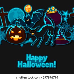 Happy Halloween seamless pattern with stickers characters and objects.