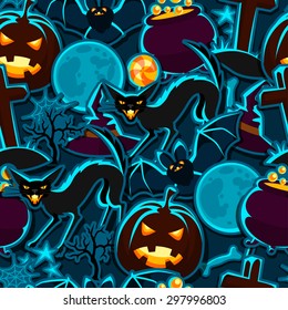 Happy Halloween seamless pattern with stickers characters and objects.