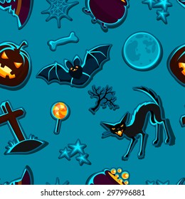 Happy Halloween seamless pattern with stickers characters and objects.