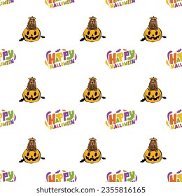 Happy Halloween seamless pattern. Halloween pattern with Happy Halloween text and cocker spaniel dog peeking out from the pumpkin. Colorful Calligraphy, Hand Drawn Cartoon Halloween typography.