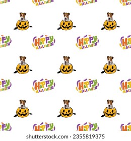 Happy Halloween seamless pattern. Halloween pattern with Happy Halloween text and Jack Russell terrier dog peeking out from the pumpkin. Colorful Calligraphy, Hand Drawn Cartoon Halloween typography.