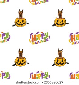 Happy Halloween seamless pattern. Halloween pattern with Happy Halloween text and Great Dane dog peeking out from the pumpkin. Colorful Calligraphy, Hand Drawn Cartoon Halloween typography. Fun Season