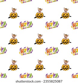Happy Halloween seamless pattern. Halloween pattern with Happy Halloween text and Chihuahua dog peeking out from the pumpkin, with paws. Colorful Calligraphy, Hand Drawn Cartoon Halloween typography.