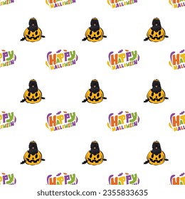 Happy Halloween seamless pattern. Halloween pattern with Happy Halloween text and Puli dog peeking out from the pumpkin, with paws. Colorful Calligraphy, Hand Drawn Cartoon Halloween typography.