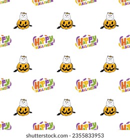 Happy Halloween seamless pattern. Halloween pattern with Happy Halloween text and Persian cat peeking out from the pumpkin, with paws. Colorful Calligraphy, Hand Drawn Cartoon Halloween typography.