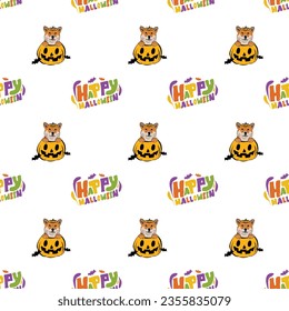 Happy Halloween seamless pattern. Halloween pattern with Happy Halloween text and Shiba Inu dog peeking out from the pumpkin, with paws. Colorful Calligraphy, Hand Drawn Cartoon Halloween typography.