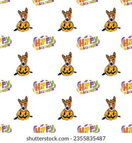 Happy Halloween seamless pattern. Halloween pattern with Happy Halloween text and basenji dog peeking out from the pumpkin, with paws. Colorful Calligraphy, Hand Drawn Cartoon Halloween typography.