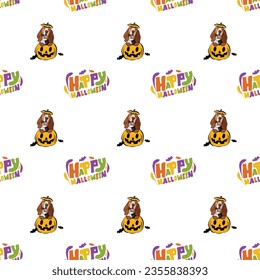 Happy Halloween seamless pattern. Halloween pattern with Happy Halloween text and basset hound dog peeking out from the pumpkin, with paws. Colorful Calligraphy, Hand Drawn Cartoon Halloween set.