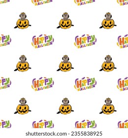 Happy Halloween seamless pattern. Halloween pattern with Happy Halloween text and Shih Tzu dog peeking out from the pumpkin, with paws. Colorful Calligraphy, Hand Drawn Cartoon Halloween typography.