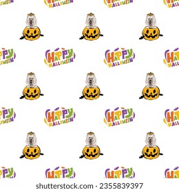 Happy Halloween seamless pattern. Halloween pattern with Happy Halloween text and Poodle dog peeking out from the pumpkin, with paws. Colorful Calligraphy, Hand Drawn Cartoon Halloween typography.