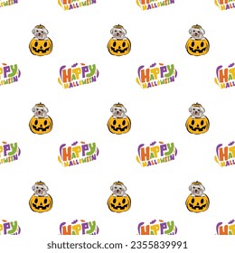 Happy Halloween seamless pattern. Halloween pattern with Happy Halloween text and coton de tulear maltese dog peeking out from the pumpkin, with paws. Colorful Calligraphy,Hand Drawn Cartoon Halloween