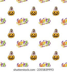 Happy Halloween seamless pattern. Halloween pattern with Happy Halloween text and coton de tulear maltese dog peeking out from the pumpkin, with paws. Colorful Calligraphy,Hand Drawn Cartoon Halloween