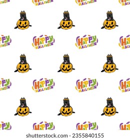 Happy Halloween seamless pattern. Halloween pattern with Happy Halloween text and Pit bull dog peeking out from the pumpkin, with paws. Colorful Calligraphy, Hand Drawn Cartoon Halloween typography.