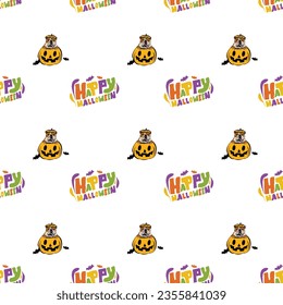 Happy Halloween seamless pattern. Halloween pattern with Happy Halloween text and English Bulldog dog peeking out from the pumpkin, with paws. Colorful Calligraphy, Hand Drawn Cartoon Halloween set.