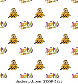 Happy Halloween seamless pattern. Halloween pattern with Happy Halloween text and golden retriever dog peeking out from the pumpkin, with paws. Colorful Calligraphy, Hand Drawn Cartoon Halloween set.