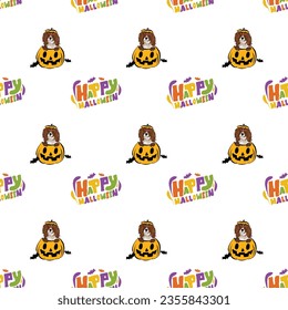 Happy Halloween seamless pattern. Halloween pattern with Happy Halloween text and cavalier king charles spaniel dog peeking out from the pumpkin, Hand Drawn dog with paws. Colorful Calligraphy vector 