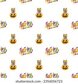 Happy Halloween seamless pattern. Halloween pattern with Happy Halloween text and Cairn Terrier dog peeking out from the pumpkin, with paws. Colorful Calligraphy, Hand Drawn Cartoon Halloween set.