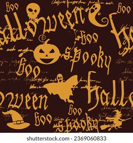 Happy Halloween seamless pattern with text, pumpkin, ghost, witcher. Hand drawn gothic letter, silhouette, unreadable text