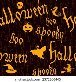 Happy Halloween seamless pattern with text, pumpkin, ghost, witcher. Hand drawn gothic letter, silhouette