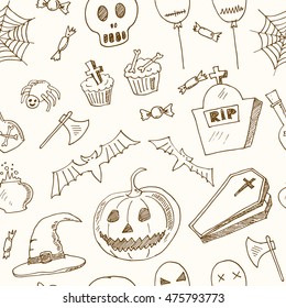 Happy Halloween seamless pattern Trick or Treat Doodles. Hand Drawn Holiday Design Vector Illustration