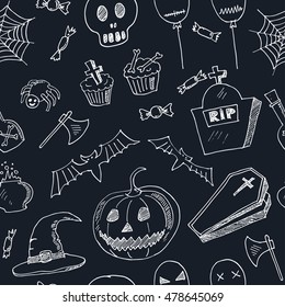 Happy Halloween seamless pattern Trick or Treat Doodles. Hand Drawn Holiday Design Vector Illustration