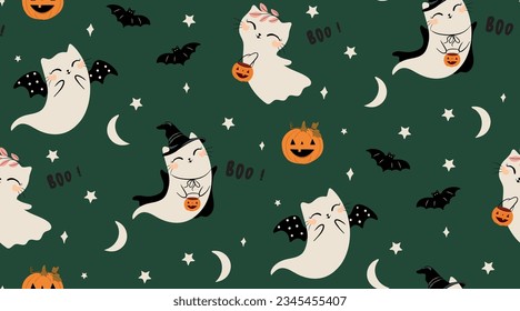 Happy Halloween seamless pattern, vector, hand drawn, halloween clipart set for kids artworks, wallpapers, prints, fabrics.