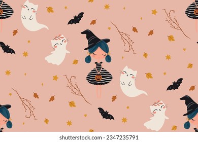 Happy Halloween seamless pattern, vector illustration, little girl and cute cat ghost, autumn vector for greeting cards, postcards, kids print, invitation, wallpapers.