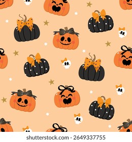 Happy halloween seamless pattern wallapaper  with spooky pumpkin, cute bow and ribbon. Holidays cartoon character. -Vector