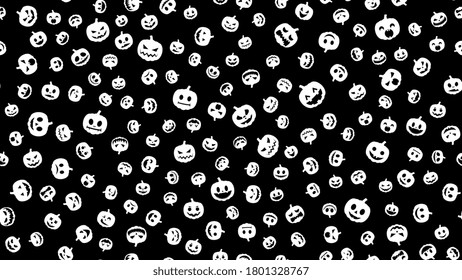 Happy Halloween. Seamless pattern of white pumpkin with emotions and smile on black background. Vector illustration.